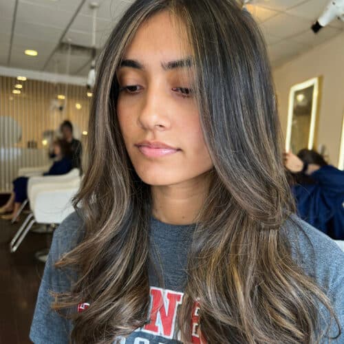 Brunette balayage with long waves — hair by Alchemy Loft