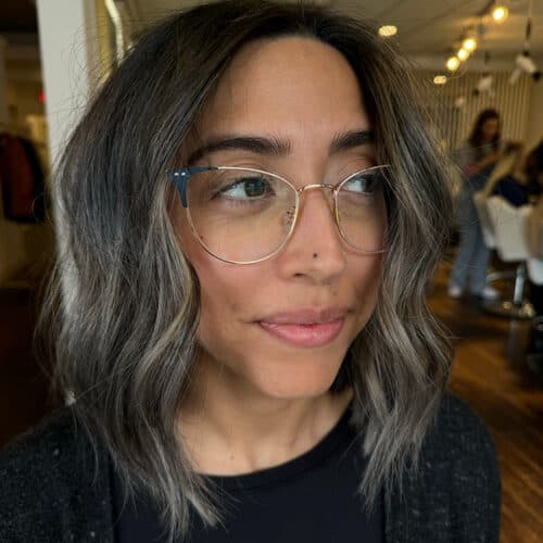 Dark brunette lob with waves — hair by Alchemy Loft