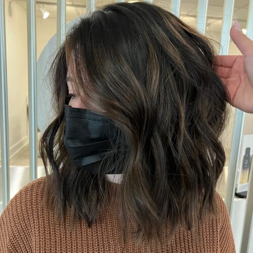 Dark brunette textured lob — hair by Alchemy Loft